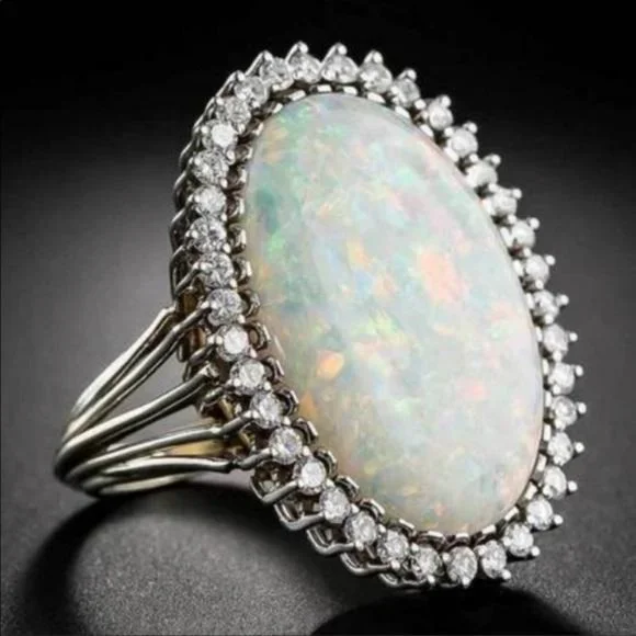 NEW HUGE OPAL DIAMOND HALO STERLING SILVER RING - Picture 4 of 5